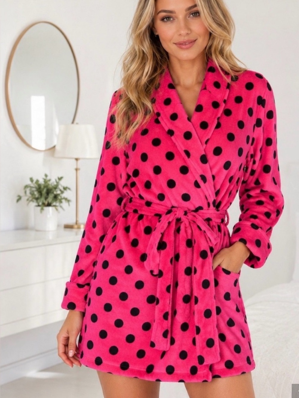Victoria’s Secret PINK Hot Pink and Black Polka Dot Plush Robe